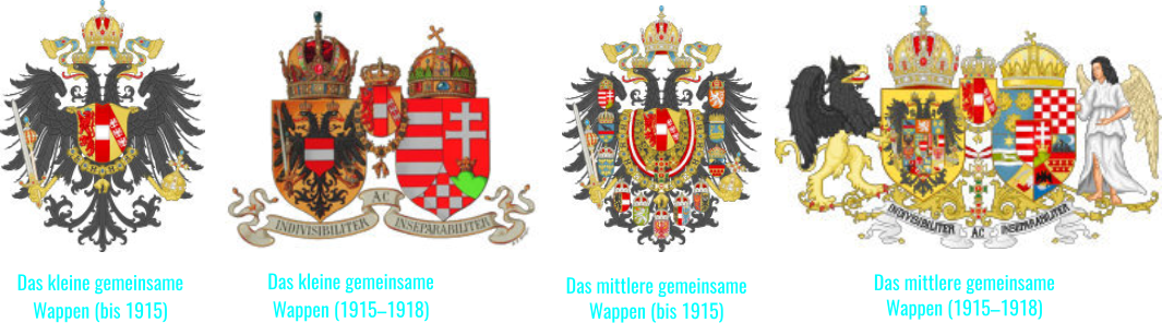 Das kleine gemeinsame  Wappen (bis 1915) Das kleine gemeinsame  Wappen (1915–1918) Das mittlere gemeinsame  Wappen (bis 1915) Das mittlere gemeinsame  Wappen (1915–1918)